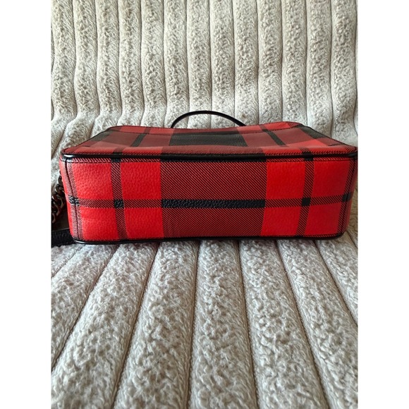 Coach Buffalo Plaid Red Black Leather Crossbody Camera Bag Gunmetal Hardware - Picture 3 of 13